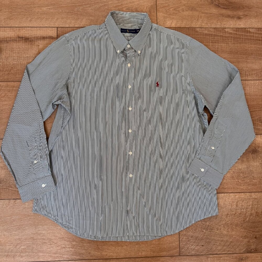 Ralph Lauren | Mens XXL Green White Striped Dressy Long Sleeve Button Down Shirt - Picture 2 of 8
